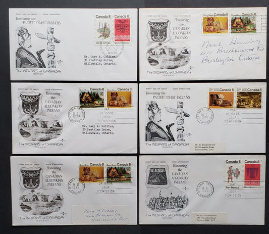 Canada #567a-aii, 569a, 571a, 573a 8c Algonkian Artifacts - Pacific Coast Thunderbird, 1973-1974 Algonkian Indians - Pacific Coast Indians, 6 VF Rosecraft FDC's Franked With Pairs, All Three Paper Types Of Algonkian Indians Issue, All Addressed