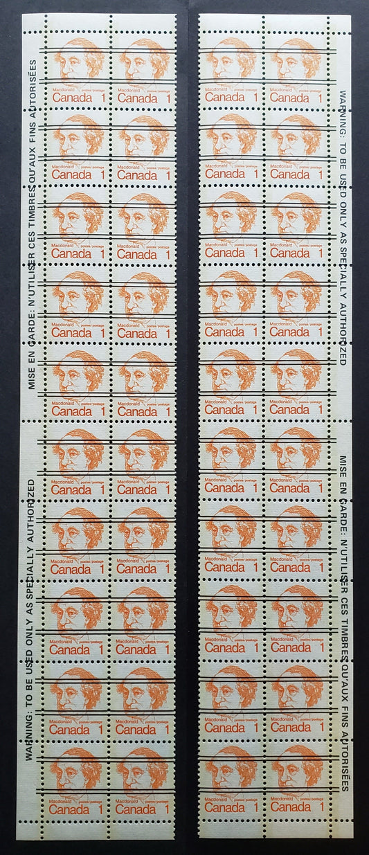 Lot 114 Canada #586xxii 1c Orange Sir John A Macdonald, 1973-1978 Caricature Issue, 2 VFNH Left Warning Strips Of 20 DF Greyish/DF Greyish
