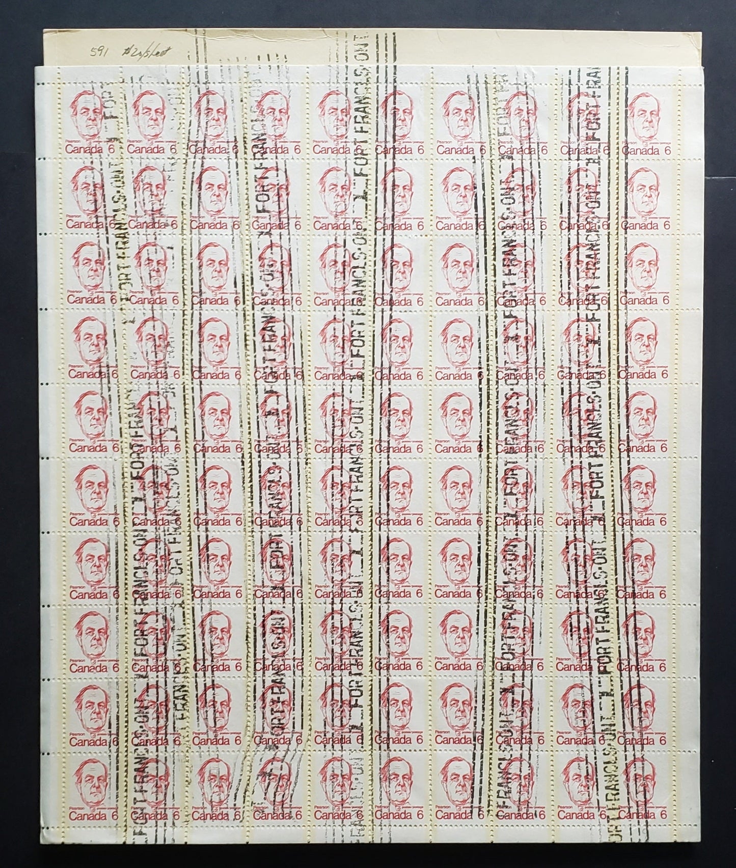 Lot 153 Canada #591 6c Dark Red Lester Pearson, 1973-1978 Caricature Issue, A Fine Used Field Stock Sheet Of 100 NF Semi-Smooth Paper, On A Sheet Pad Cover, Fort Francis Roller Cancels