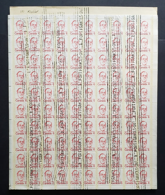 Lot 153 Canada #591 6c Dark Red Lester Pearson, 1973-1978 Caricature Issue, A Fine Used Field Stock Sheet Of 100 NF Semi-Smooth Paper, On A Sheet Pad Cover, Fort Francis Roller Cancels