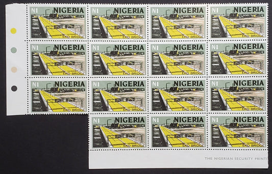 Lot 503 Nigeria #306 1N 1973-1974 Nigerian Life & Industry Definitive Issue - Unwatermarked & Lithographed, A Fine NH Lower Left Partial Imprint Block of 15 HF/HF Paper, Shiny PVA Gum, Pale Greenish grey, Yellow & Flesh, Flesh Is The Top Colour