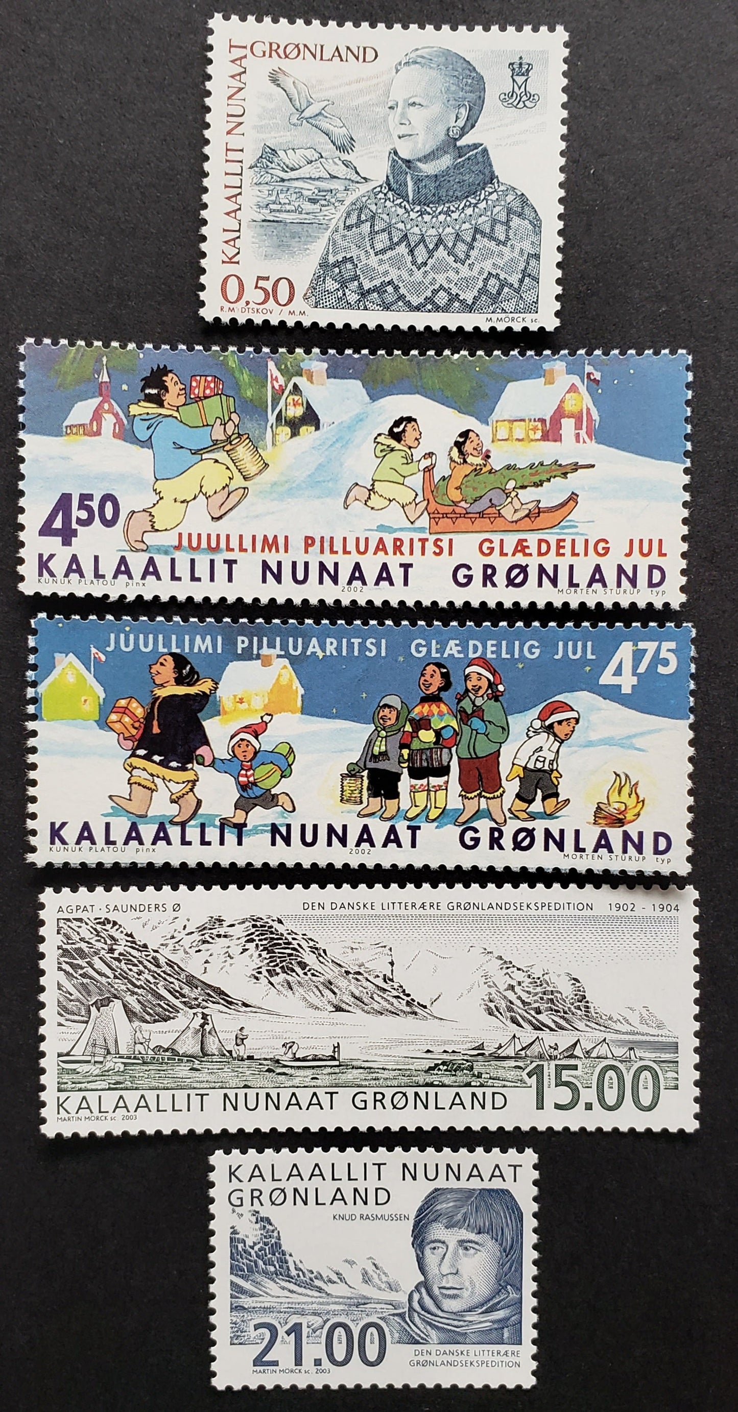 Lot 63 Greenland SC#365/408 2002-2003 Queen Margrethe / Danish Literary Greenland Expedition Issues, 5 VFNH Singles, Click on Listing to See ALL Pictures, 2022 Scott Classic Cat. $18.4