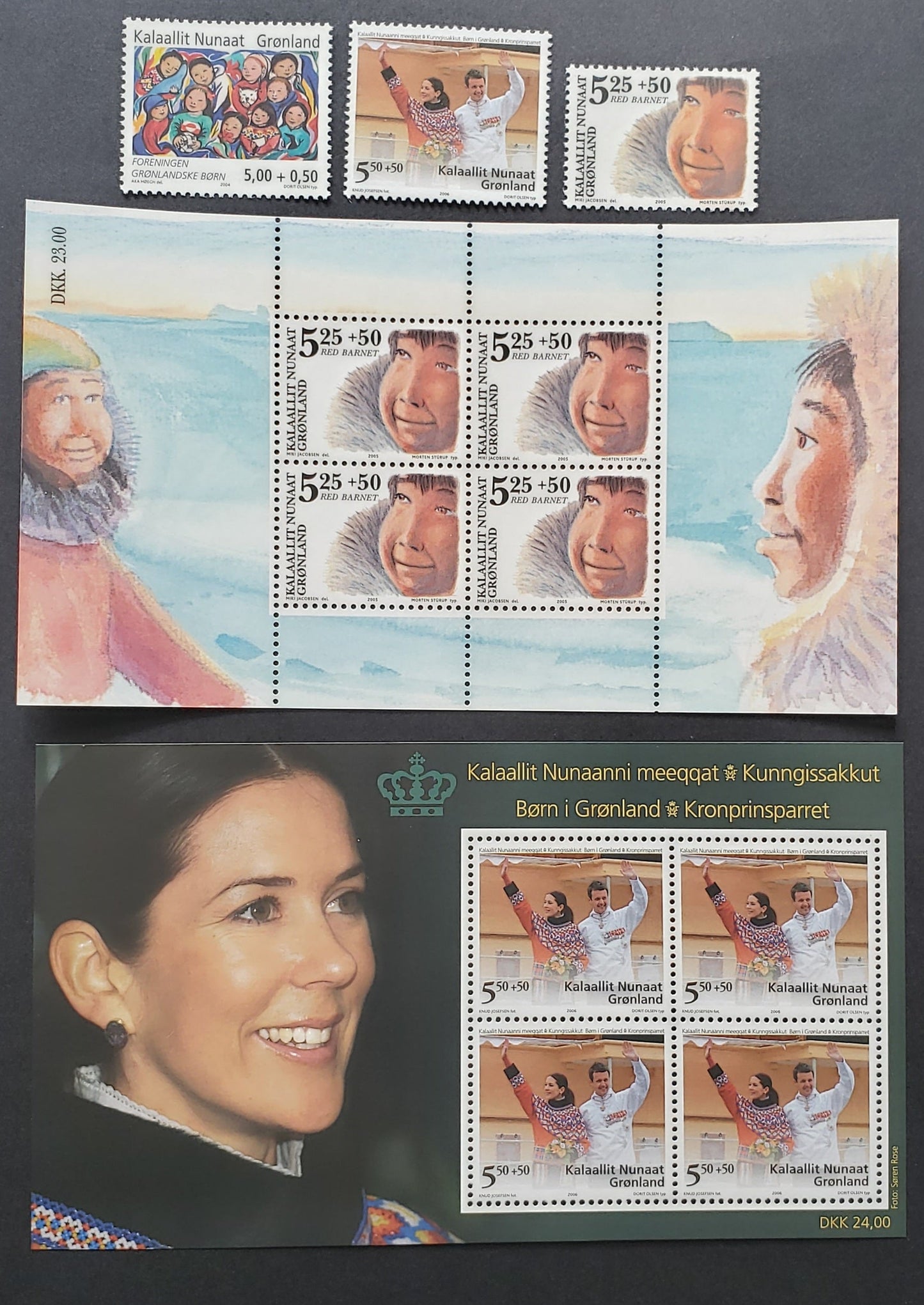 Lot 89 Greenland SC#B29/B31a 2004-2006 Society Of Greenlandic Children / Crown Prince And Princess Issues, 3 VFNH Singles And 2 Souvenir Sheets, Click on Listing to See ALL Pictures, 2022 Scott Classic Cat. $23.2