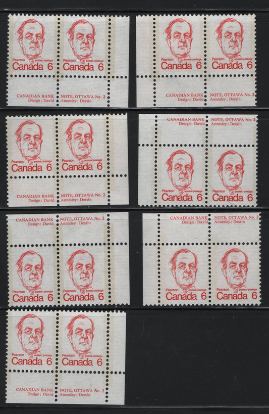 Canada #591ii, v 6c Deep Red Lester Pearson, 1973-1978 Caricature Issue, 7 VFNH Plate Pairs The Horizontal Ribbed Paper Printings: Several Variations Of DF/DF and