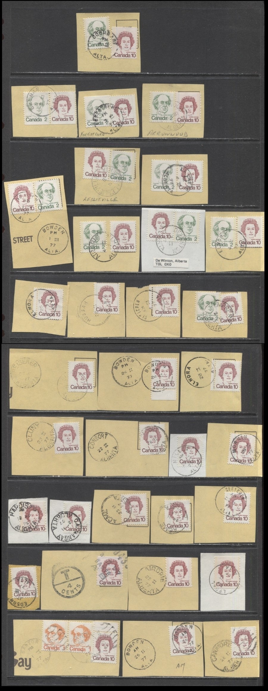 Canada #586aivs, 587xii, 593Ai-Aiii, Aci, 605-iii 1c, 2c, 10c Orange - Dark Carmine Macdonald - Queen Elizabeth II, 1973-1978 Caricature Issue, 45 VF Used Singles All On Piece, With Various Alberta CDS Cancels, Various Frankings and Papers