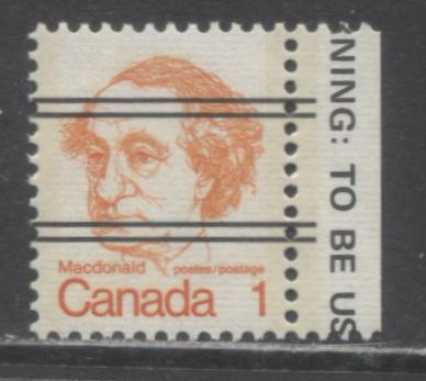 Canada #586xxiivar 1c Orange Sir John A Macdonald, 1973-1978 Caricature Issue, A VFNH Single Precancelled, DF/LF3 Horizontal Ribbed Paper, Ghost Tag Bar Down Left Side Of Right Tag Bar