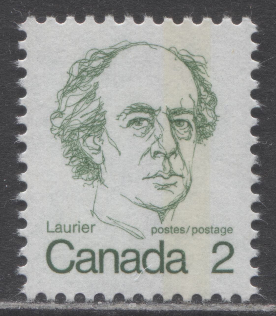 Canada #587T2 2c Green Sir Wilfred Laurier, 1973-1978 Caricature Issue, A VFNH Single G2aC Tagging Error on LF3/LF3 Vertical Ribbed Paper, Light Tag Bar, Eggshell PVA Gum