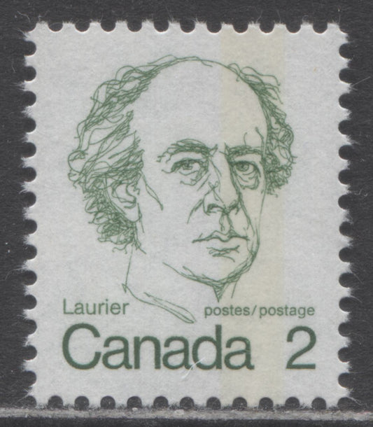 Canada #587T2 2c Green Sir Wilfred Laurier, 1973-1978 Caricature Issue, A VFNH Single G2aC Tagging Error on LF3/LF3 Vertical Ribbed Paper, Light Tag Bar, Eggshell PVA Gum