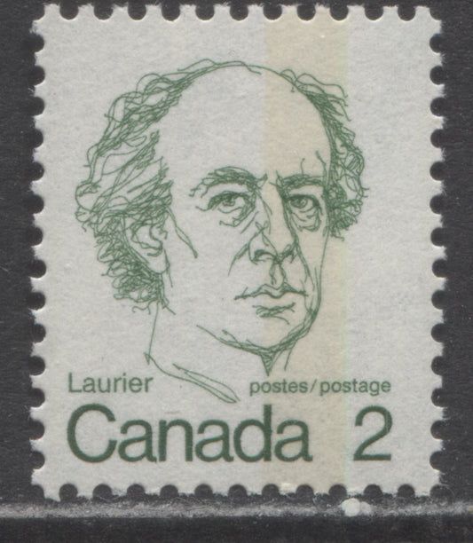 Canada #587iiiT3 2c Green Sir Wilfred Laurier, 1973-1978 Caricature Issue, A VFNH Single G2aC Tagging Error on DF1/DF2 Semi-Smooth Paper, Light Tag Bar, Eggshell PVA Gum
