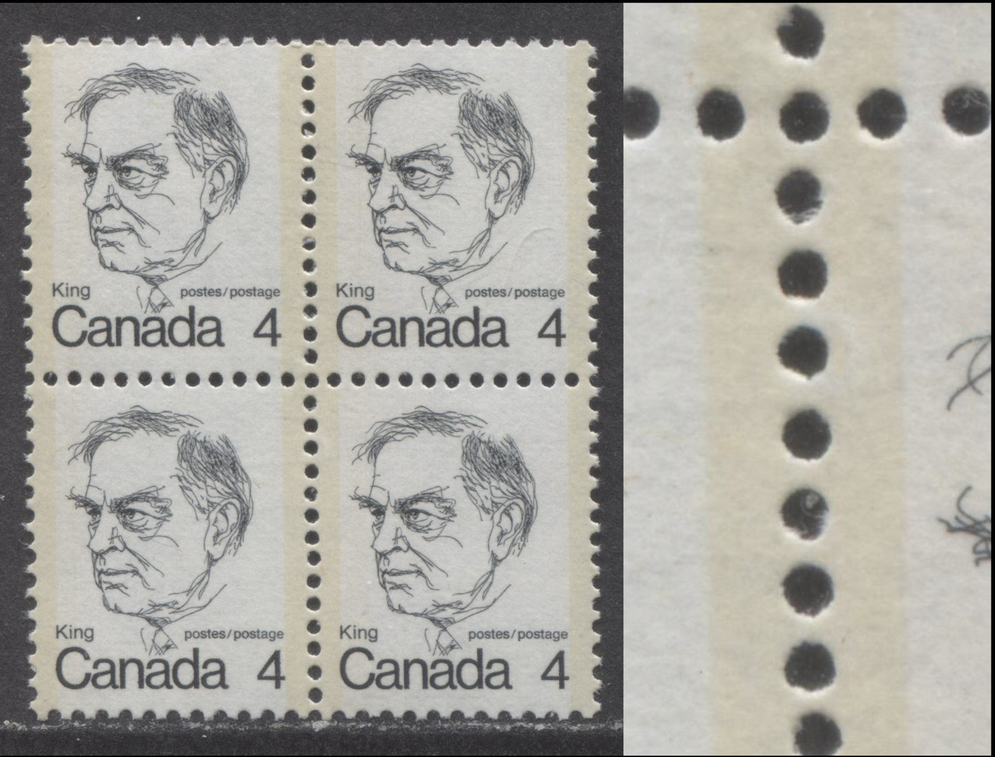 Canada #588var 4c Black  William Lyon MacKenzie King, 1973-1978 Caricature Issue, A VFNH Block Of 4 Showing Flaw In Tagging Between Lower Stamps, LF3/LF3 Vertical Ribbed Paper, Light Tagging, Eggshell PVA Gum