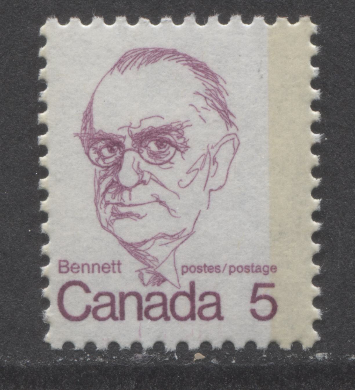 Canada #590T1 5c Rose Lilac Richard B. Bennett, 1973-1978 Caricature Issue, A Fine NH Single Near G2aR Tagging Error, LF3/LF4 Vertically Ribbed Paper, Moderate Tagging , Eggshell PVA Gum