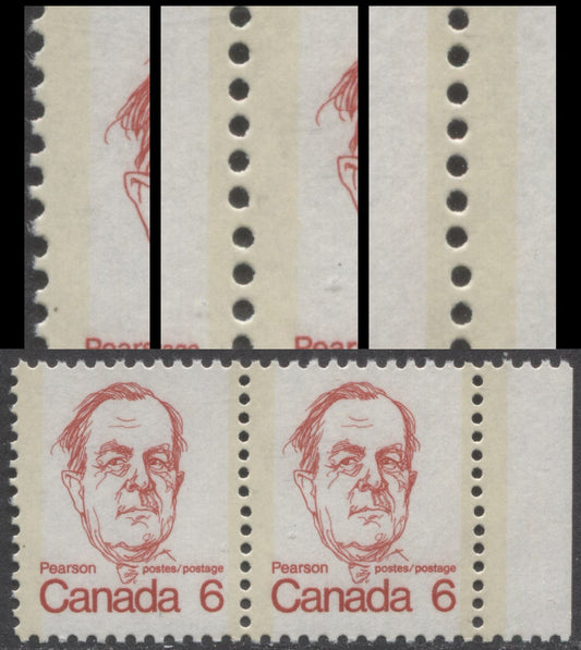 Canada #591ivvar 6c Deep Bright Red Lester Pearson, 1973-1978 Caricature Issue, A VFNH Pair Showing Mis-Alignment of Vertical Perfs, Unlisted HF9/HF9 Paper, Light Tagging, Eggshell PVA Gum