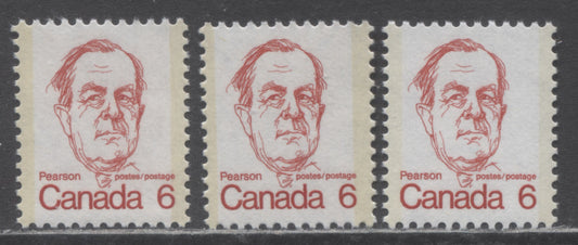 Canada #591iv 6c Deep Bright Red Lester Pearson, 1973-1978 Caricature Issue, 3 VFNH Singles All On MF6/MF6 Paper, Different Shades, Tagging Strengths & PVA Gum Types