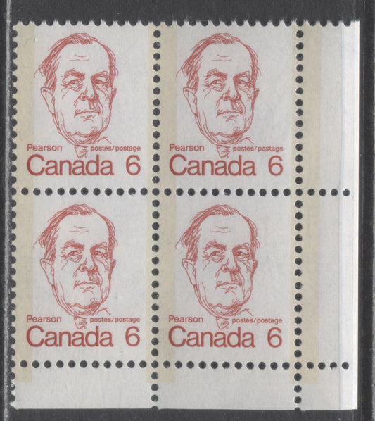 Canada #591iv 6c Deep Rosy Red Lester Pearson, 1973-1978 Caricature Issue, A VFNH LR Field Stock Block On MF6/MF6 Vertical Ribbed Paper, Moderate Tag, Satin PVA Gum, Only Listed As Blank In Unitrade