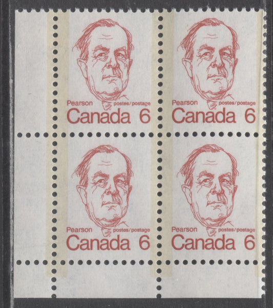 Canada #591iv 6c Deep Rosy Red Lester Pearson, 1973-1978 Caricature Issue, A VFNH LL Field Stock Block On MF6/MF6 Vertical Ribbed Paper, Moderate Tag, Satin PVA Gum, Only Listed As Blank In Unitrade