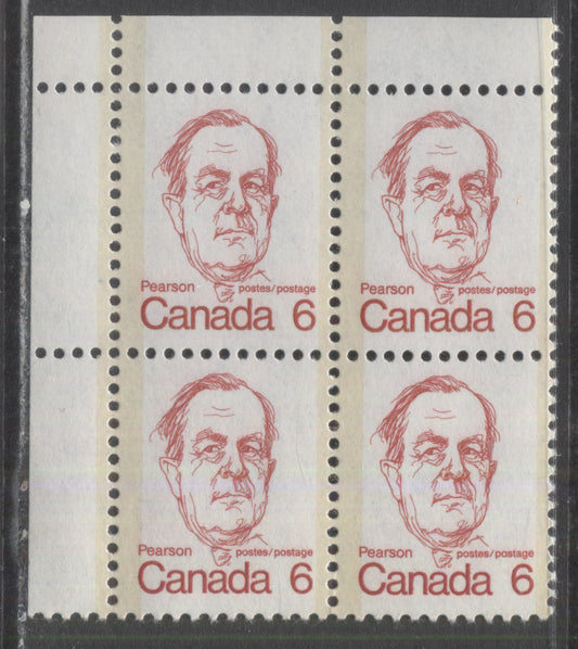 Canada #591iv 6c Deep Rosy Red Lester Pearson, 1973-1978 Caricature Issue, A VFNH UL Field Stock Block On MF6/MF6 Vertical Ribbed Paper, Moderate Tag, Satin PVA Gum, Only Listed As Blank In Unitrade