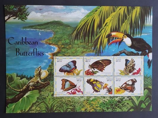 Lot 51 Guyana SC#3382 1999 Caribbean Butterflies Issue, A VFNH Sheet Of 6, Click on Listing to See ALL Pictures, 2017 Scott Cat. $7.25