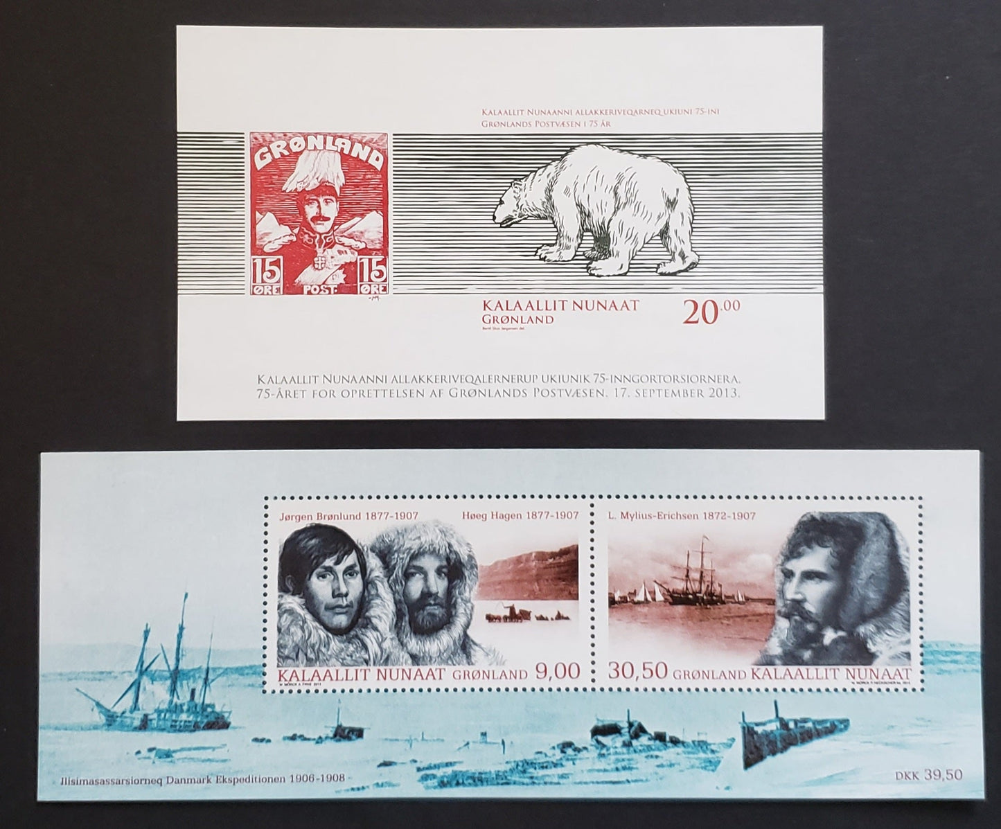 Lot 9 Greenland SC#651a/683a 2013-2014 Greenland Post Office / Denmark Expedition Issues, 2 VFNH Souvenir Sheets, Click on Listing to See ALL Pictures, 2017 Scott Cat. $20.75