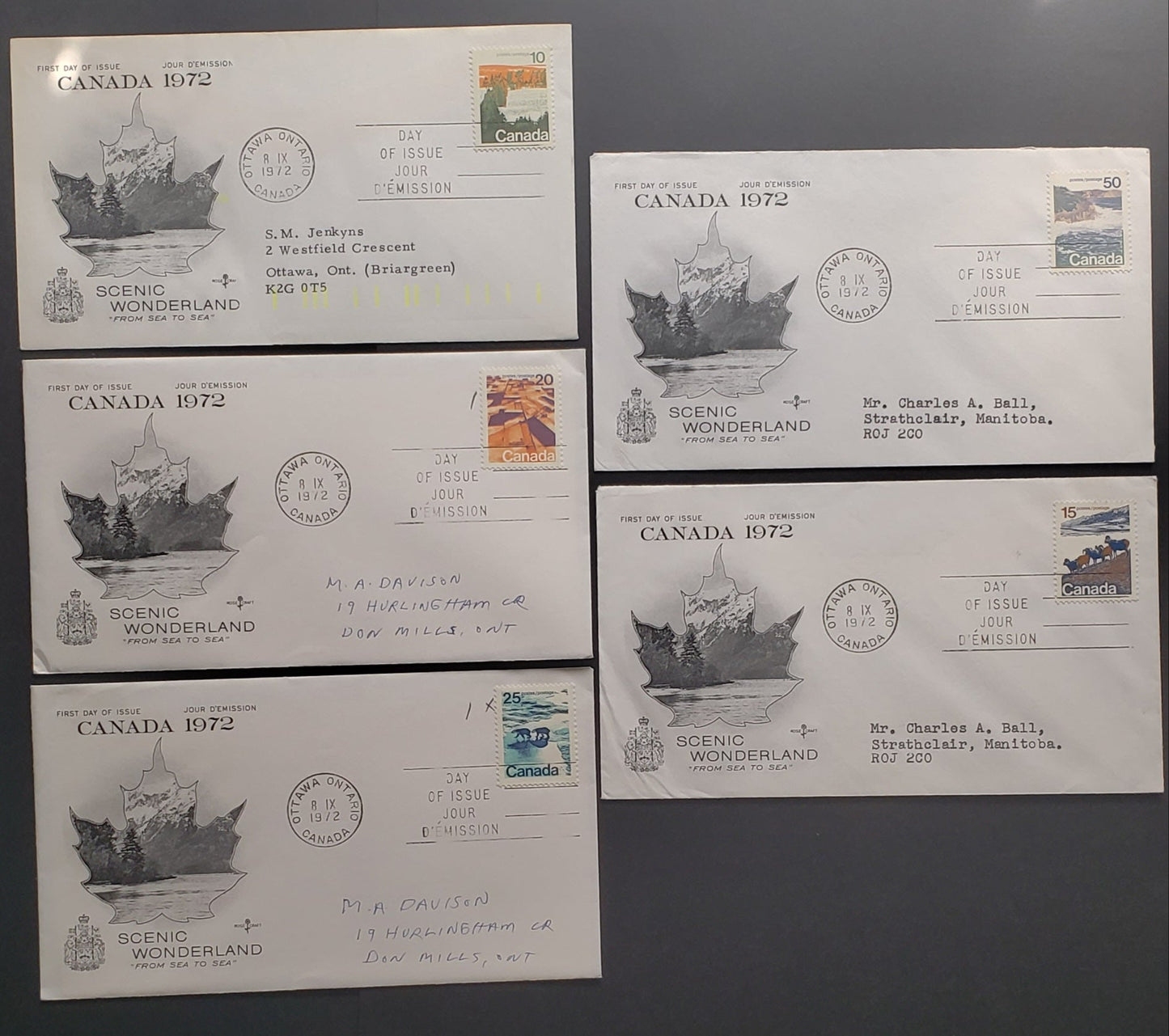 Canada #594-598 10c-50c Multicoloured Forests - Seashore, 1972-1979 Landscape Definitive Issue, 5 VF Rosecraft FDC's Franked With Singles, OP-4 Tagged On Vertical Ribbed Paper, All Addressed