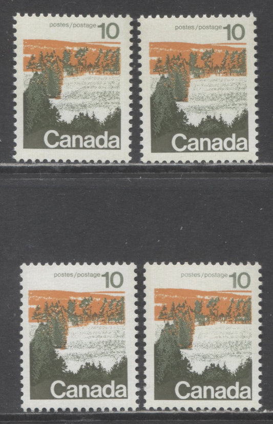 Canada #594 10c  Forests, 1972-1979 Landscape Definitive Issue, 4 VFNH Singles Type 1, OP-4 Tagged, Vertical Ribbed Paper, Pale Yellow Tags, Semi-Solid And Screened Backgrounds; Different DF Appearances Under UV, Depending On Migration Of OP-4