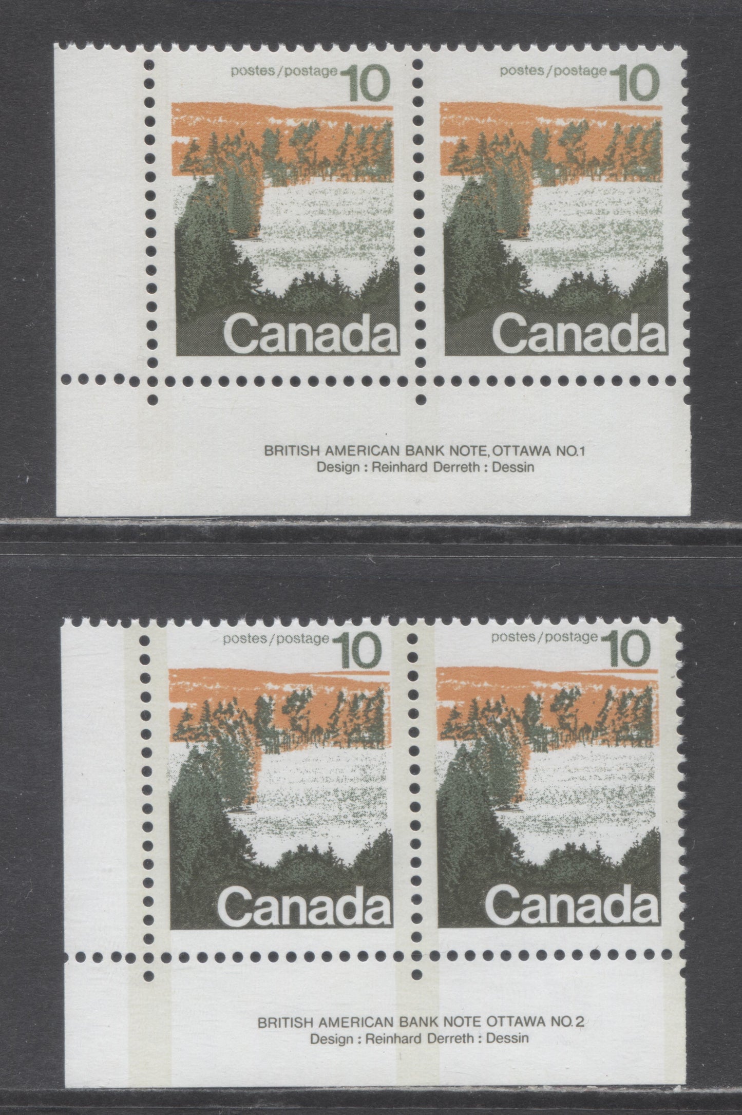Canada #594ii, 594ix 10c Multicoloured Forests, 1972-1979 Landscape Definitive Issue, 2 VFNH Plate 1 & 2 Pairs Type 1 LF3/DF2 Vertically Ribbed Paper & Type 2 On HB10/HB12 Smooth Paper, Perf. 12.5 x 12