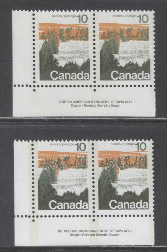 Canada #594ii, 594ix 10c Multicoloured Forests, 1972-1979 Landscape Definitive Issue, 2 VFNH Plate 1 & 2 Pairs Type 1 LF3/DF2 Vertically Ribbed Paper & Type 2 On HB10/HB12 Smooth Paper, Perf. 12.5 x 12