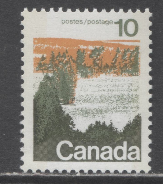 Canada #594iv 10c Multicoloured Forests, 1972-1979 Landscape Definitive Issue, A VFNH Single Type 1, Horizontal Ribbed LF3/DF2 Paper, Bluish White W2B Tag, Nearly Solid Background