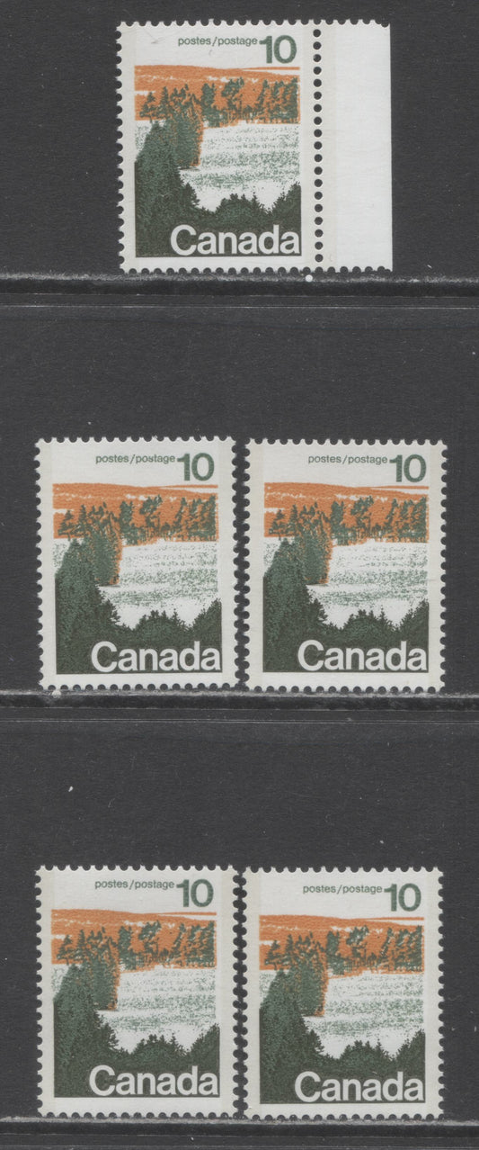 Canada #594aii, 594a 10c Multicoloured Forests, 1972-1979 Landscape Definitive Issue, 5 VFNH Singles Type 3, Perf. 13.3, Various DF/DF and DF/LF Papers