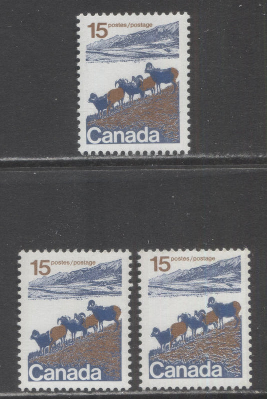 Canada #595 15c Multicoloured Mountain Sheep, 1972-1979 Landscape Definitive Issue, 3 VFNH Singles Type 1, Vertical Ribbed Papers, OP-4 & 3 mm OP-2 Tag, Different DF Papers, Different From Lot 372, Semi-Solid Background