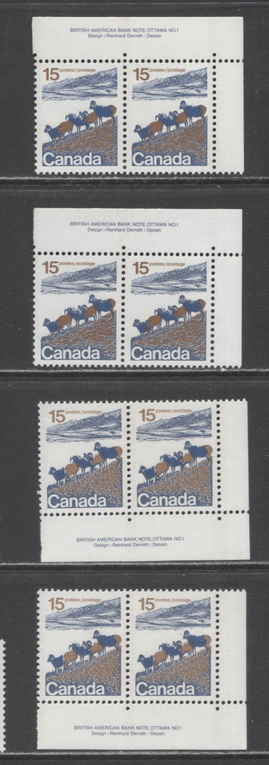 Canada #595 15c Multicoloured Mountain Sheep, 1972-1979 Landscape Definitive Issue, 4 VFNH Plate 1 Pairs Type 1, Different DF Vertical Ribbed Papers, 3 mm OP-2 and W2B Tags, Nearly Solid Backgrounds