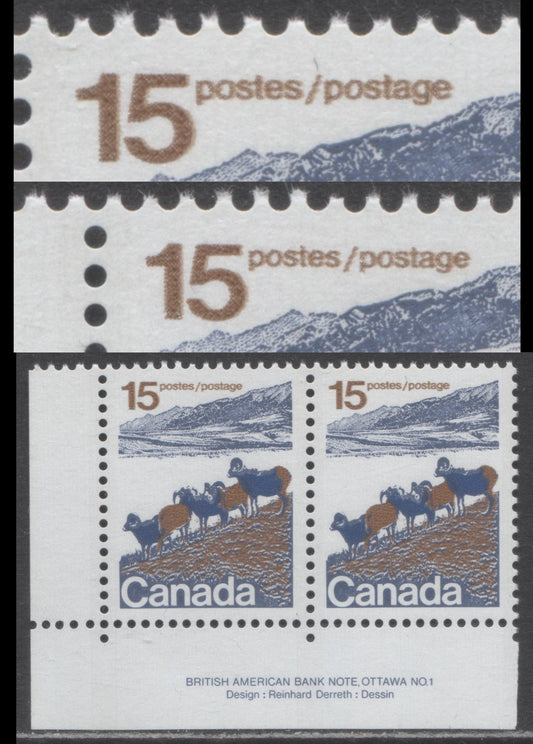 Canada #595var 15c Mountain Sheep, 1972-1979 Landscape Definitive Issue, A VFNH Plate 1 Pair Type 1, DF1/Fluorescent Yellow Vertically Ribbed Paper, Pale Yellow OP-4 Tag, Ghost Print Doubling of "15 Postes Postage", Nearly Solid Background