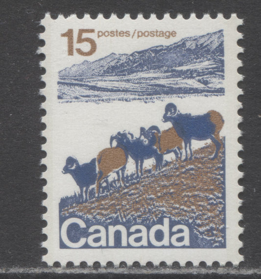 Canada #595iivar 15c Multicoloured Mountain Sheep, 1972-1979 Landscape Definitive Issue, A VFNH Single Type 1, LF3 Bluish/DF2 Bluish White Vertical Ribbed Paper, 3 mm OP-2 Tagging, Semi-Solid Background
