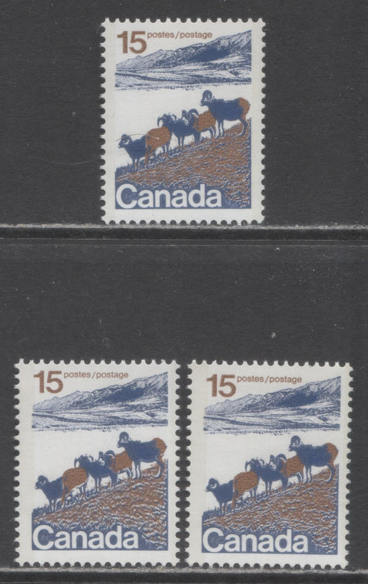 Canada #595a, aiv 15c Multicoloured Mountain Sheep, 1972-1979 Landscape Definitive Issue, 3 VFNH Singles Type 2, Perf. 13.3, Solid Background, 3 Different Papers: DF/F and DF/MF