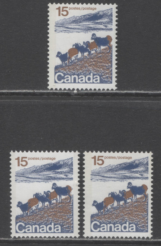 Canada #595avar, aivvar 15c Multicoloured Mountain Sheep, 1972-1979 Landscape Definitive Issue, 3 Fine & VFNH Singles Type 2, Perf. 13.3, Solid Background, 2 Different Papers: DF/F and DF/MF, With "Raised Rump" Variety, Solid Background
