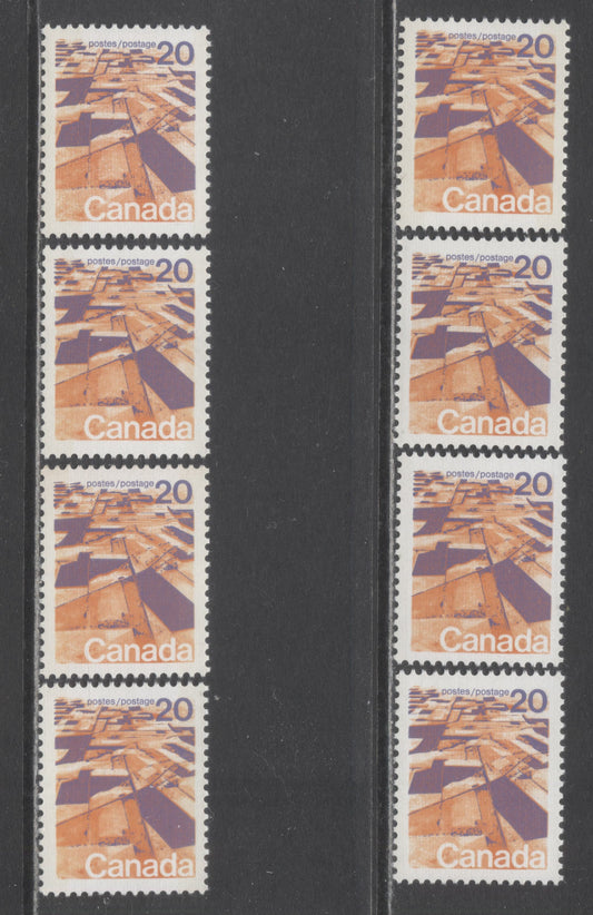 Canada #596, 596vii 20c Multicoloured Prairies, 1972-1979 Landscape Definitive Issue, 8 VFNH Singles Vertical Ribbed Papers, OP-4 And W2B Tags, Pale Yellow & Bluish White, Different Shades Of Peachy-Orange