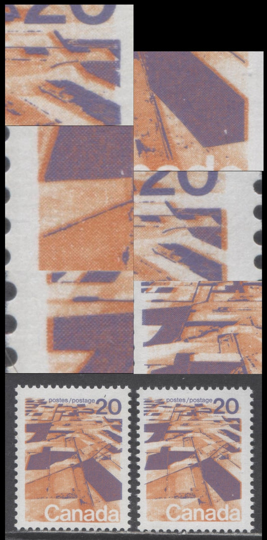 Canada #596var 20c Multicoloured Prairies, 1972-1979 Landscape Definitive Issue, 2 VFNH Singles Vertical Ribbed Paper, OP-4 Tagging, 2 Different Shifts Of Lilac Engraving