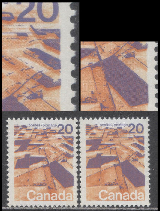Canada #596vii 20c Multicoloured Prairies, 1972-1979 Landscape Definitive Issue, 2 Fine & VFNH Singles Vertical Ribbed Paper, W2B Tag, Showing Upward-Rightward Shift Of Lilac Engraving