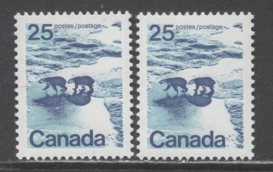 Canada #597 25c Multicoloured Polar Bears, 1972-1979 Landscape Definitive Issue, 2 VFNH Singles Type 1, OP-4 Tagging, Vertical Ribbed Paper, Fully Migrated & Non-Migrated Tags