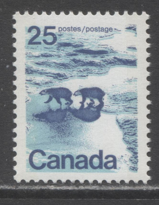 Canada #597iiivar 25c Multicoloured Polar Bears, 1972-1979 Landscape Definitive Issue, A VFNH Single Type 1, W2B Tag On Unlisted & Scarce LF3/F-fl Vertically Ribbed Paper, Light Blue Ice & Water