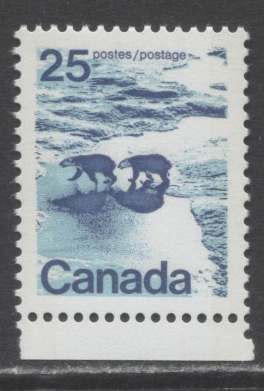 Canada #597iiivar 25c Multicoloured Polar Bears, 1972-1979 Landscape Definitive Issue, A VFNH Single Type 1, W2B Tag On Unlisted & Scarce LF3/LF3-fl Vertically Ribbed Paper, Light Blue Ice & Water