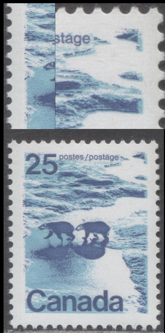 Canada #597ivar 25c Multicoloured Polar Bears, 1972-1979 Landscape Definitive Issue, A VFNH Single Type 1, 3 mm OP-2 Tagging, DF2/DF2 Horizontal Ribbed Paper, Bright Blue Ice & Water, Leftward Shift of Dark Blue Engraving