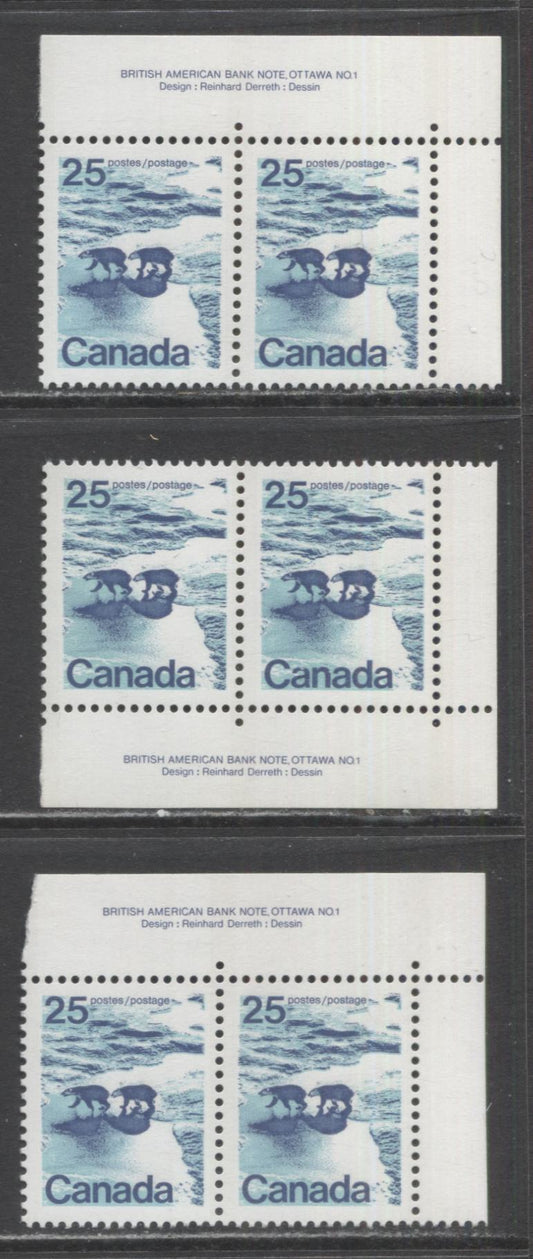 Canada #597 25c Multicoloured Polar Bears, 1972-1979 Landscape Definitive Issue, 3 VFNH Plate 1 Pair Type 1, OP-4 Tagging, Bluish White & Pale Yellow Bars, Fully Migrated, DF2 & DF1 Vertical Ribbed Paper