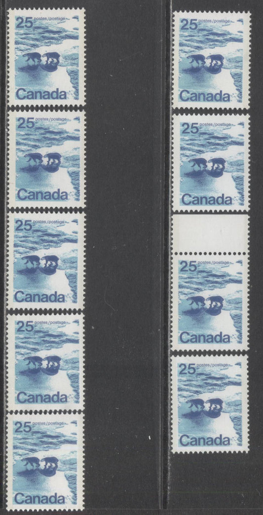 Canada #597ai, a, aii 25c Multicoloured Polar Bears, 1972-1979 Landscape Definitive Issue, 9 VFNH Singles Type 2, Perf. 13.3, On Many Different Papers, Many Unlisted