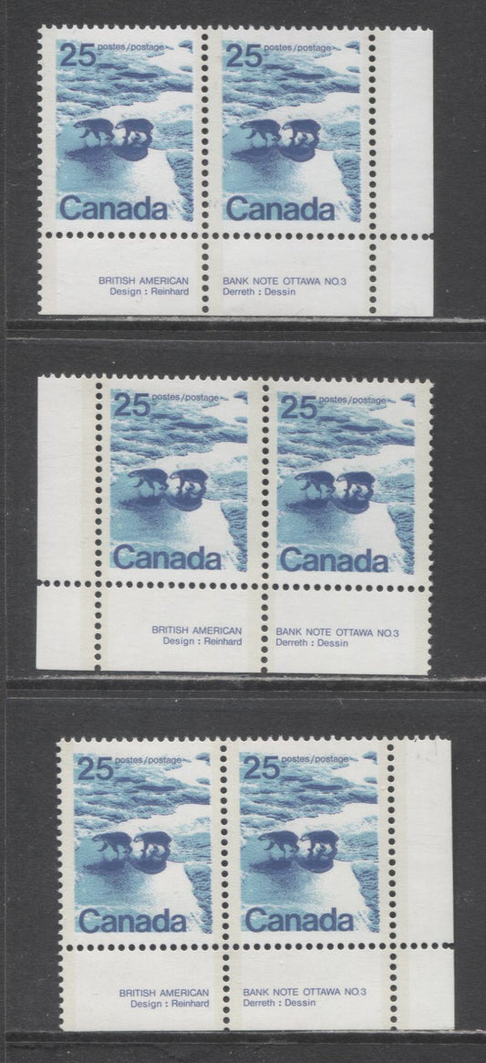 Canada #597ai, aii 25c Multicoloured Polar Bears, 1972-1979 Landscape Definitive Issue, 3 VFNH Plate 3 Pairs Type 2, Perf. 13.3, On A Variety Of Papers: NF/DF1, & Two Varieties Of LF3/HF9-fl Papers