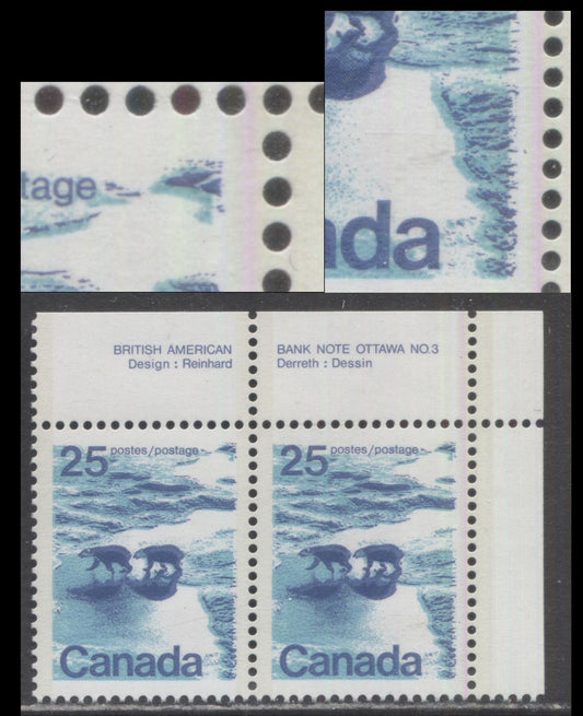 Canada #597aiivar 25c Multicoloured Polar Bears, 1972-1979 Landscape Definitive Issue, A VFNH Plate 3 Pair MF6/HB10 Paper, Perf. 13.3, Showing Rightward Shift of Dark Blue, Deep Bright Greenish Blue Ice & Water