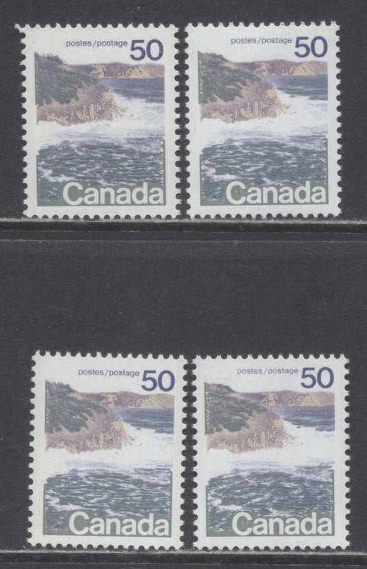 Canada #598 50c Multicoloured Seashore, 1972-1979 Landscape Definitive Issue, 4 VFNH Singles Type 1, OP-4 Tag, Pale Yellow & Bluish White, Various DF Vertical Ribbed Papers, Migrated & Non-Migrated