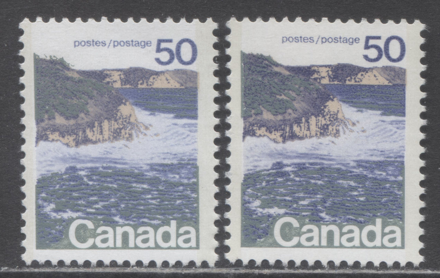 Canada #598iii, vii 50c Multicoloured Seashore, 1972-1979 Landscape Definitive Issue, 2 VFNH Singles Type 2, Perf. 12.5 x 12, LF3/MF6 & DF1/LF3 Smooth Papers