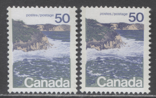 Canada #598iii, vii 50c Multicoloured Seashore, 1972-1979 Landscape Definitive Issue, 2 VFNH Singles Type 2, Perf. 12.5 x 12, LF3/MF6 & DF1/LF3 Smooth Papers