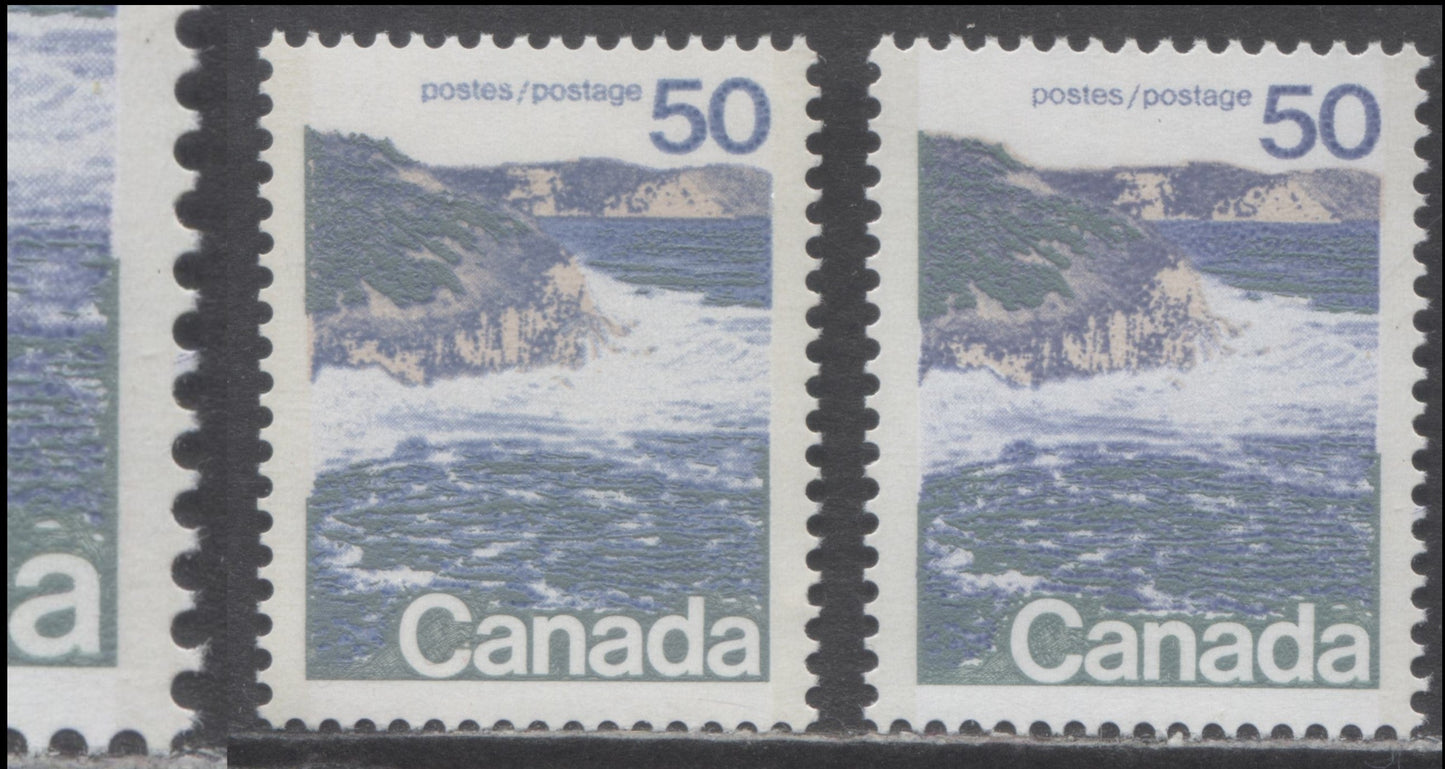 Canada #598a 50c Multicoloured Seashore, 1972-1979 Landscape Definitive Issue, 2 Fine & VFNH Singles Type 2, Perf. 13.3, DF1/DF1, DF2/LF3 Smooth Paper, Rightward Shift of Grey Green Engraving