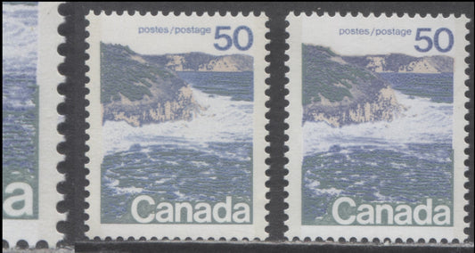 Canada #598a 50c Multicoloured Seashore, 1972-1979 Landscape Definitive Issue, 2 Fine & VFNH Singles Type 2, Perf. 13.3, DF1/DF1, DF2/LF3 Smooth Paper, Rightward Shift of Grey Green Engraving